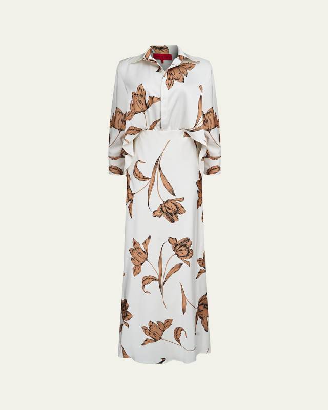 Marcelle Floral-Print Satin Shirt Gown